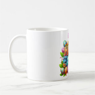 Colorful 3D Happy Easter Typography with Bunny Ear Coffee Mug