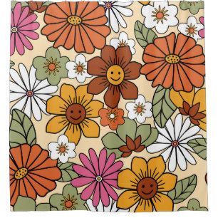 Colorful 70s style retro floral pattern. Vintage b
