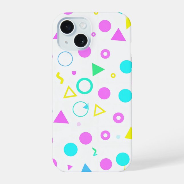 Colorful 80s Memphis Geometric Shapes iPhone 15 Case (Back)