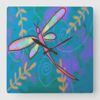 Colorful Abstract Art Dragonfly Square Wall Clock