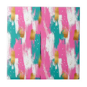 Colorful Abstract Brushstrokes - Mint & Pink (3) Tile