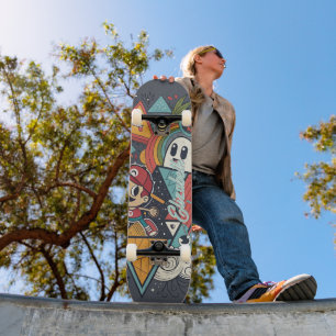 Colorful Abstract Cartoon Art – Vibrant Character  Skateboard