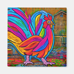 Colorful Abstract Cartoon Barn Rooster Magnet