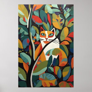 Colorful Abstract Cat in Leafy Tree Design Poster