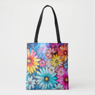 Colorful Abstract Daisy Flowers Print Tote Bag
