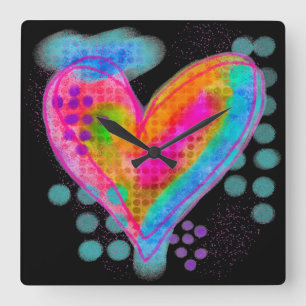 Colorful Abstract Digital Heart Painting Square Wall Clock