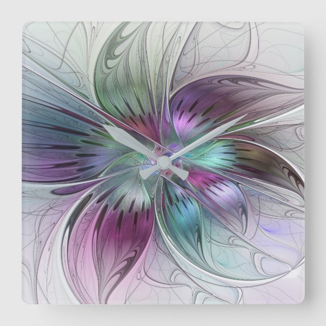Colorful Abstract Flower Modern Floral Fractal Art Square Wall Clock (Front)