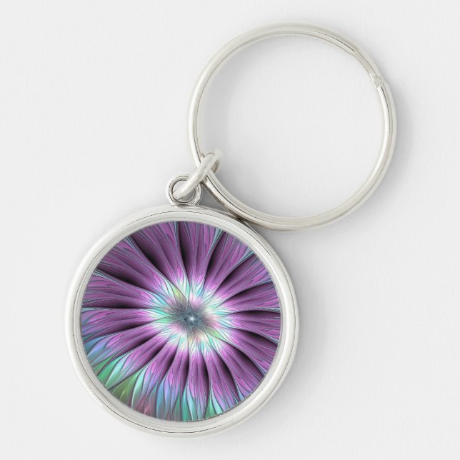 Colorful Abstract Flower Pink Blue Green Fractal Keychain (Front)