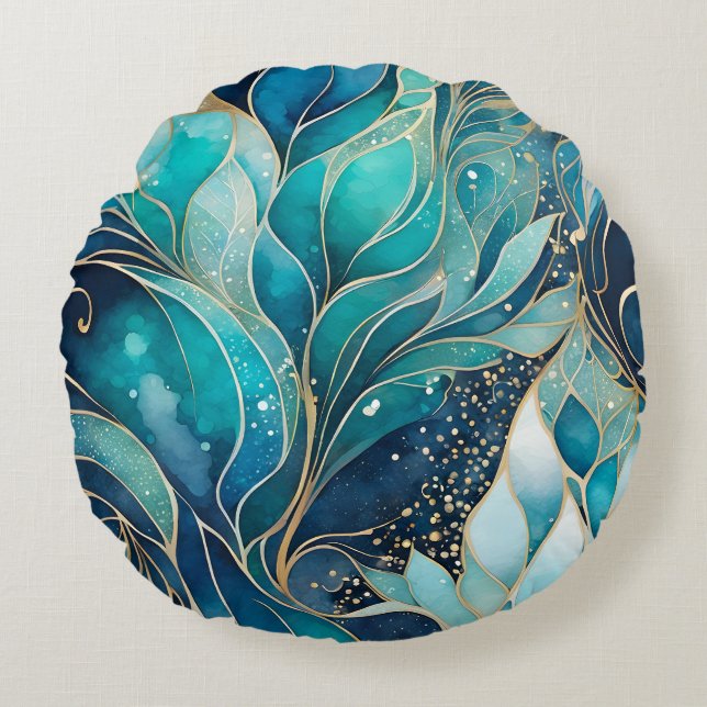 Colorful Abstract Ink Art Round Throw Pillow (Front)