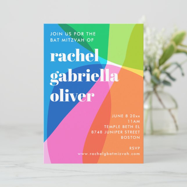 Colorful Abstract Rainbow Photo Bat Mitzvah Party Invitation (Standing Front)