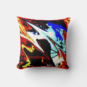 Colorful Abstract Red Black Yellow Name Square Throw Pillow