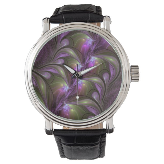 Colorful Abstract Violet Purple Khaki Fractal Art Watch (Front)
