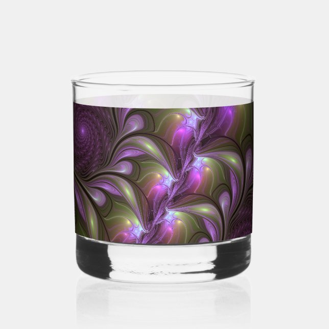 Colorful Abstract Violet Purple Khaki Fractal Art Whiskey Glass (Front)