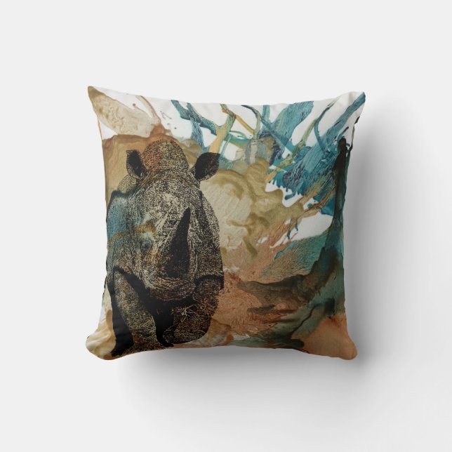 Colorful African animal cushion, charging Rhino Throw Pillow (Front)