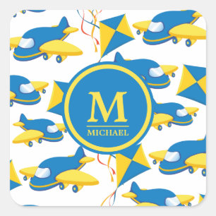 Colorful Airplanes and Kites Kids Pattern Monogram Square Sticker