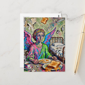 Colorful Angel at Breakfast Art Brut Style Postcard