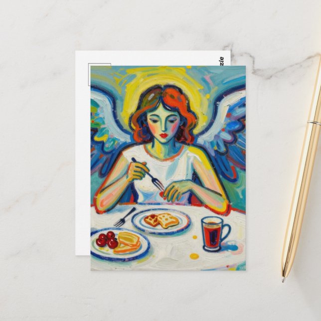 Colorful Angel at Breakfast Postcard (Front/Back In Situ)