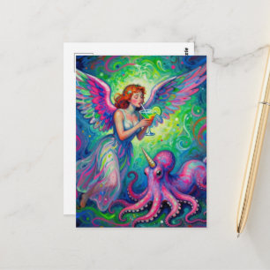 Colorful Angel enjoys a drink with unicorn octopus Postcard