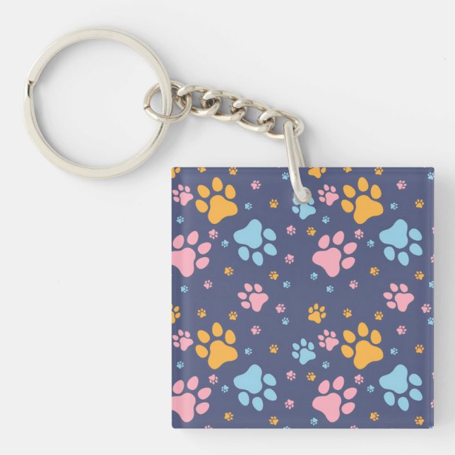 Colorful Animal Paw Prints Pattern Keychain (Front)
