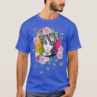 Colorful Anime Girl with Butterflies and Roses  T-Shirt