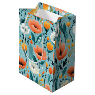 Colorful art flowers-aqua, white, peach, yellow, medium gift bag