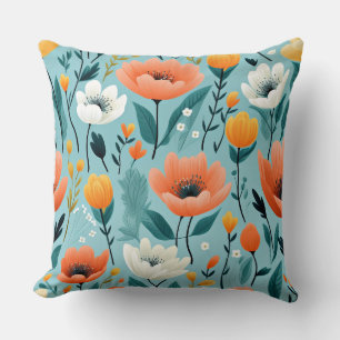 Colorful art flowers-aqua, white, peach, yellow, throw pillow