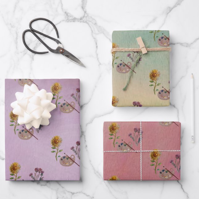 COLORFUL ART PALLET FLOWERS WRAPPING PAPER SHEET (Front)