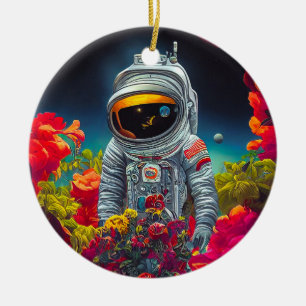 Colorful Astronaut in Space with Flowers Artwork   Ceramic Ornament