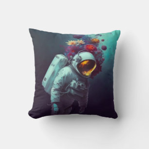 Colorful Astronaut in Space with Flowers Artwork   Throw Pillow