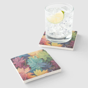 Colorful Autumn Leaves Custom Monogram Stone Coaster