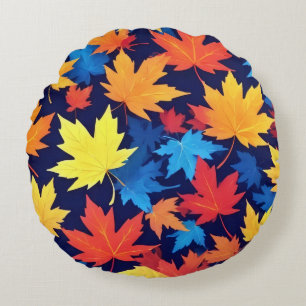 Colorful Autumn Leaves On Dark Blue Background Round Pillow