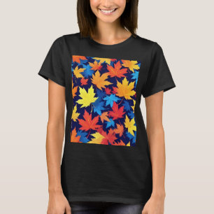 Colorful Autumn Leaves On Dark Blue Background T-Shirt