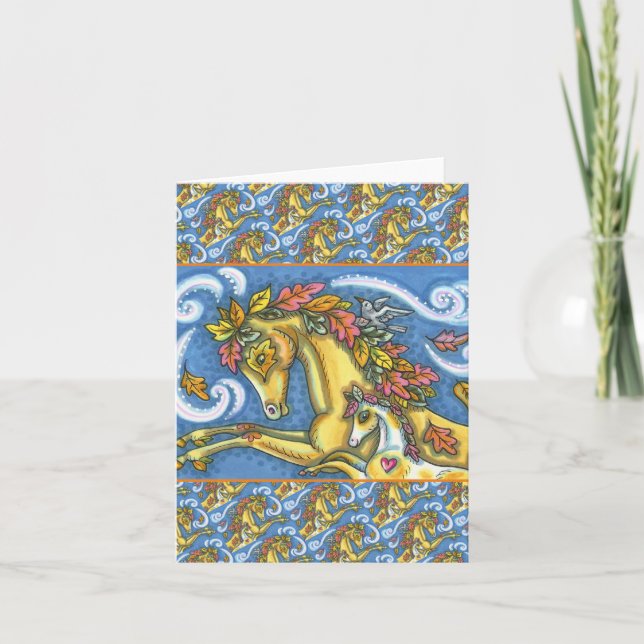 COLORFUL AUTUMN LEAVES ON WHIMSICAL HORSE & COLT  CARD (Front)