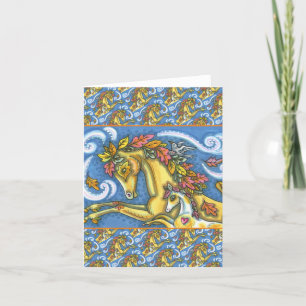 COLORFUL AUTUMN LEAVES ON WHIMSICAL HORSE & COLT CARD