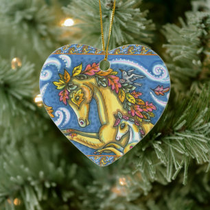 COLORFUL AUTUMN LEAVES ON WHIMSICAL HORSE & COLT CERAMIC ORNAMENT