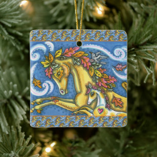 COLORFUL AUTUMN LEAVES ON WHIMSICAL HORSE & COLT CERAMIC ORNAMENT