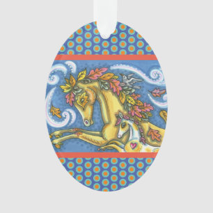 COLORFUL AUTUMN LEAVES ON WHIMSICAL HORSE & COLT ORNAMENT