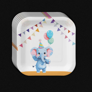 Colorful Baby Elephant with Balloons Baby Shower Paper Plate