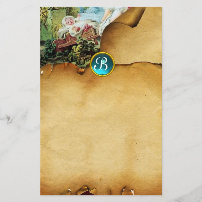 COLORFUL BABY SHOWER Parchment Blue Gem Monogram Stationery (Front)