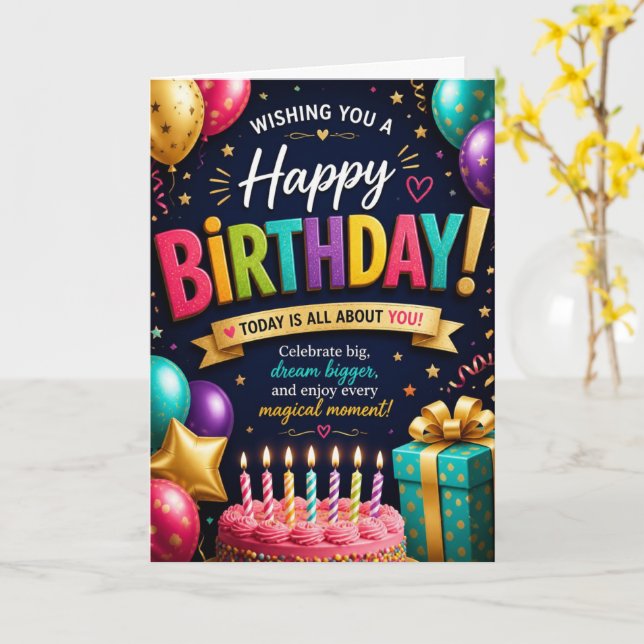 Colorful Balloons Cake Happy Birthday Card (Yellow Flower)