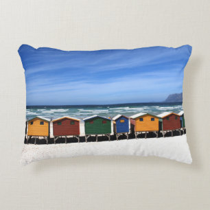 Colorful Beach Huts by the Sea Accent Pillow