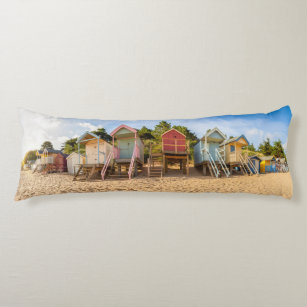 Colorful beach huts sunrise panoramic view body pillow