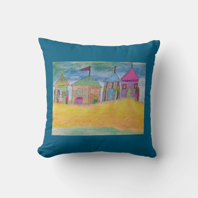 Colorful Beach Huts Throw Pillow (Front)