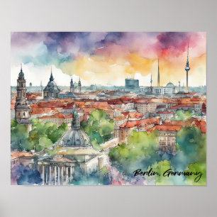 Colorful Berlin Germany Skyline Watercolor Poster
