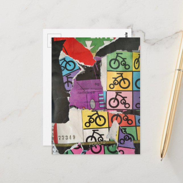 Colorful Bicycles mixed media collage Postcard (Front/Back In Situ)