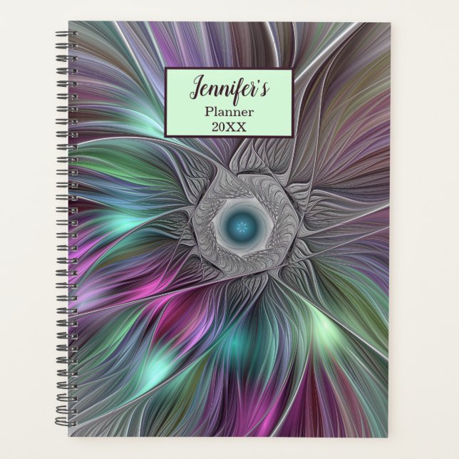 Colorful Big Flower Abstract Trippy Fractal Name Planner (Front)