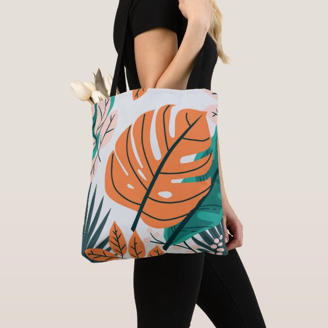 Colorful Big Tropical Leaves Botanical Art Tote Bag (Close Up)