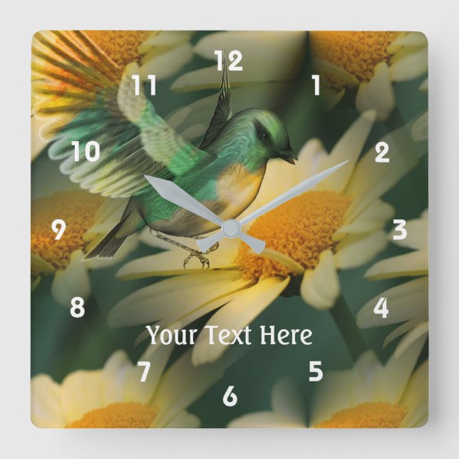 Colorful Bird And Daisies Fantasy Animal Art Square Wall Clock (Front)