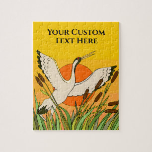 Colorful bird art with cattails and sunset sky jigsaw puzzle