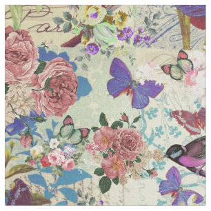 Colorful bird butterflies vintage floral pattern fabric